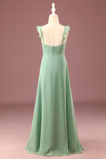 Matcha A-line V-Neck Spaghetti Straps Long Chiffon Junior Bridesmaid Dress